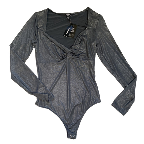 Express Bodysuit Womens Small NEW Body Contour Gray Long Sleeve Metallic Blouse - Picture 6 of 13